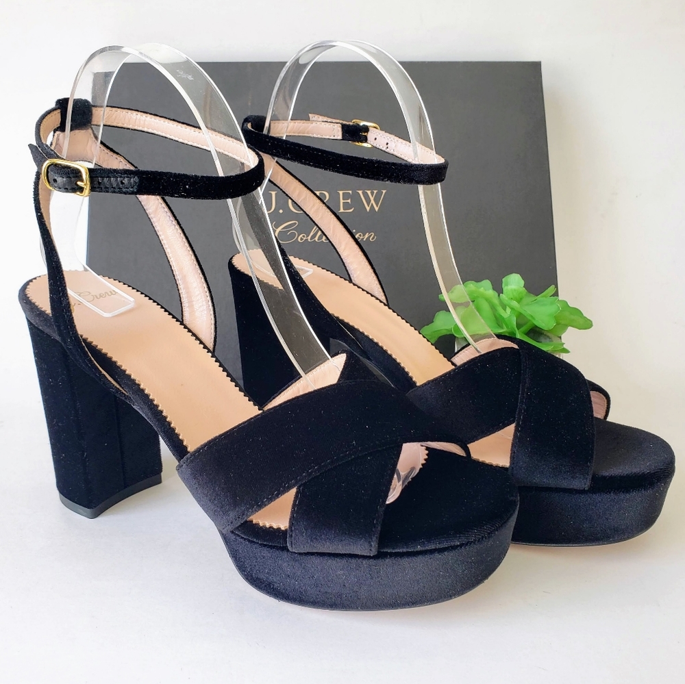J. Crew Collection Criss-Cross Velvet Platform Heels Black 70s Retro Size 10